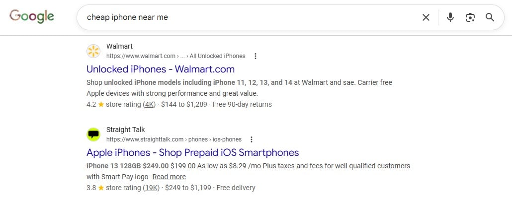 SEO organic search example Google 1