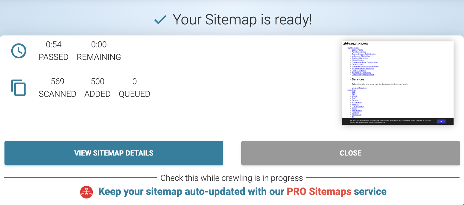 Sitemap generation tool showing "Your Sitemap is ready!" confirmation — 569 pages scanned, 500 added, crawl completed in 54 seconds, with options to view sitemap details or close.