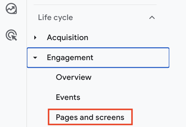 Google Analytics 4 sidebar navigation — Life cycle section expanded, showing Engagement submenu with items: Overview, Events, and Pages and screens highlighted.