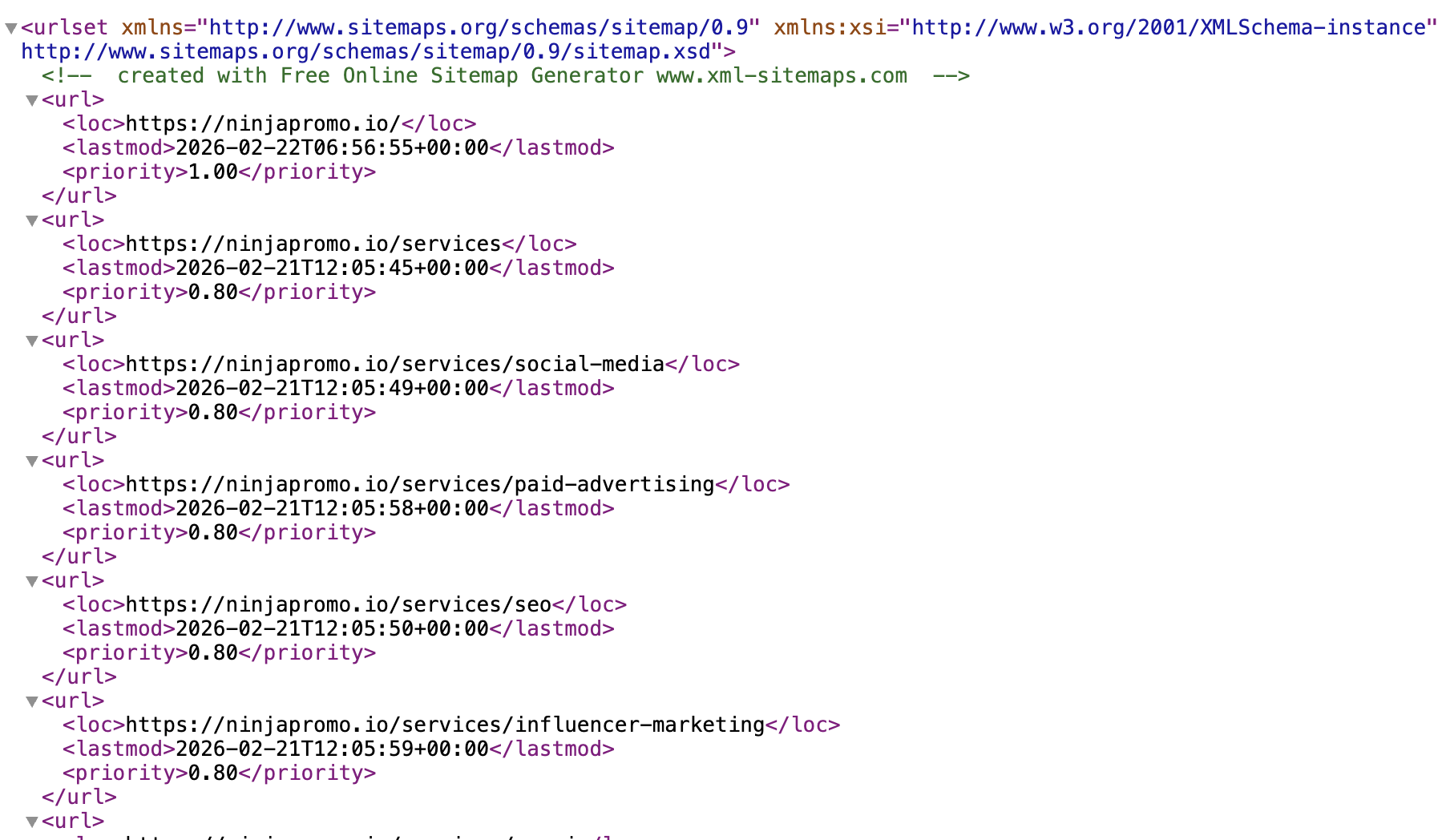 XML sitemap file for ninjapromo.io generated by xml-sitemaps.com, showing URL entries with loc, lastmod, and priority tags — including homepage (priority 1.00) and service pages such as SEO, Social Media, Paid Advertising, and Influencer Marketing (priority 0.80).
