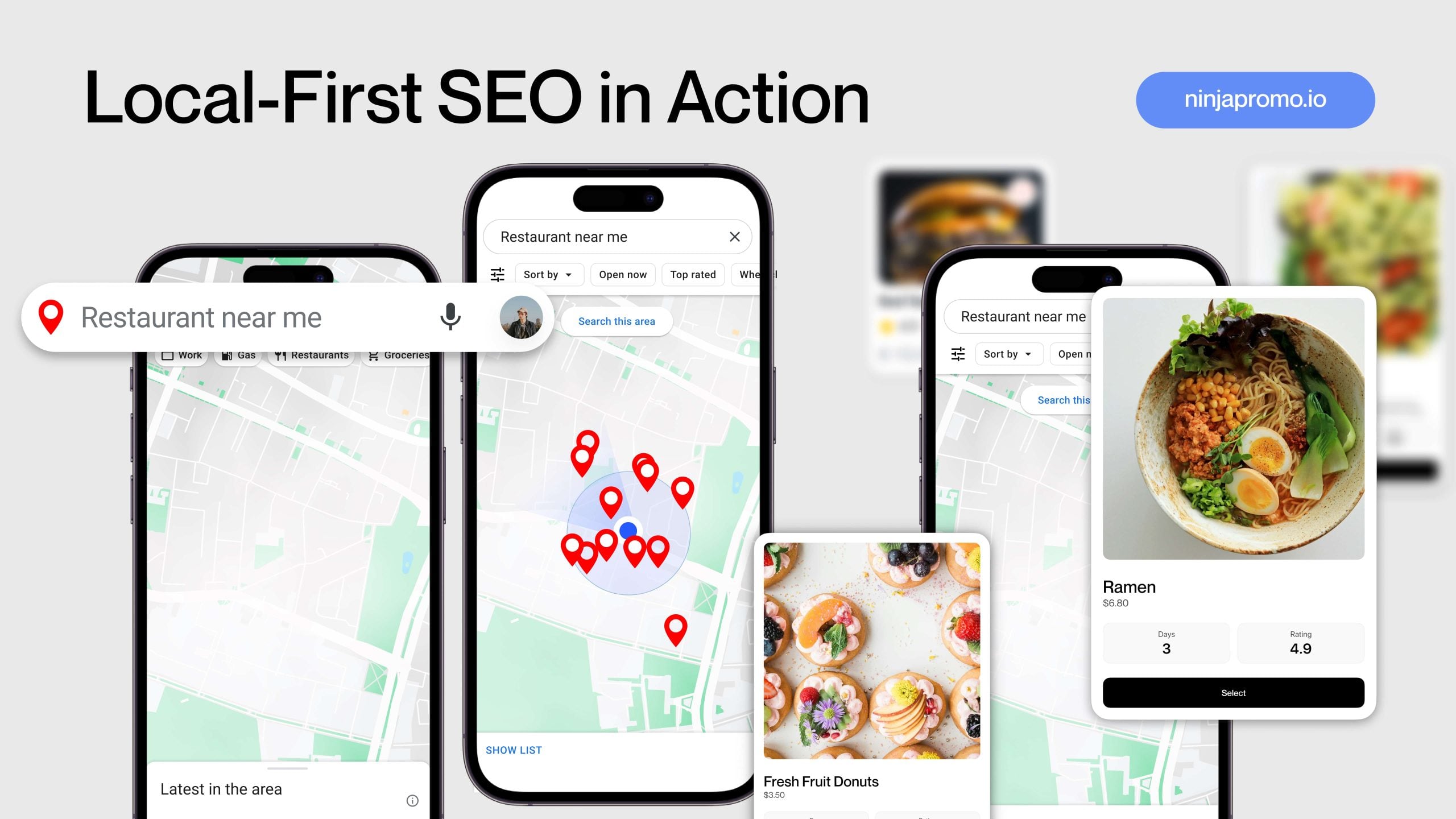 Illustration of local-first SEO with smartphone maps, restaurant near me search, and nearby business listings