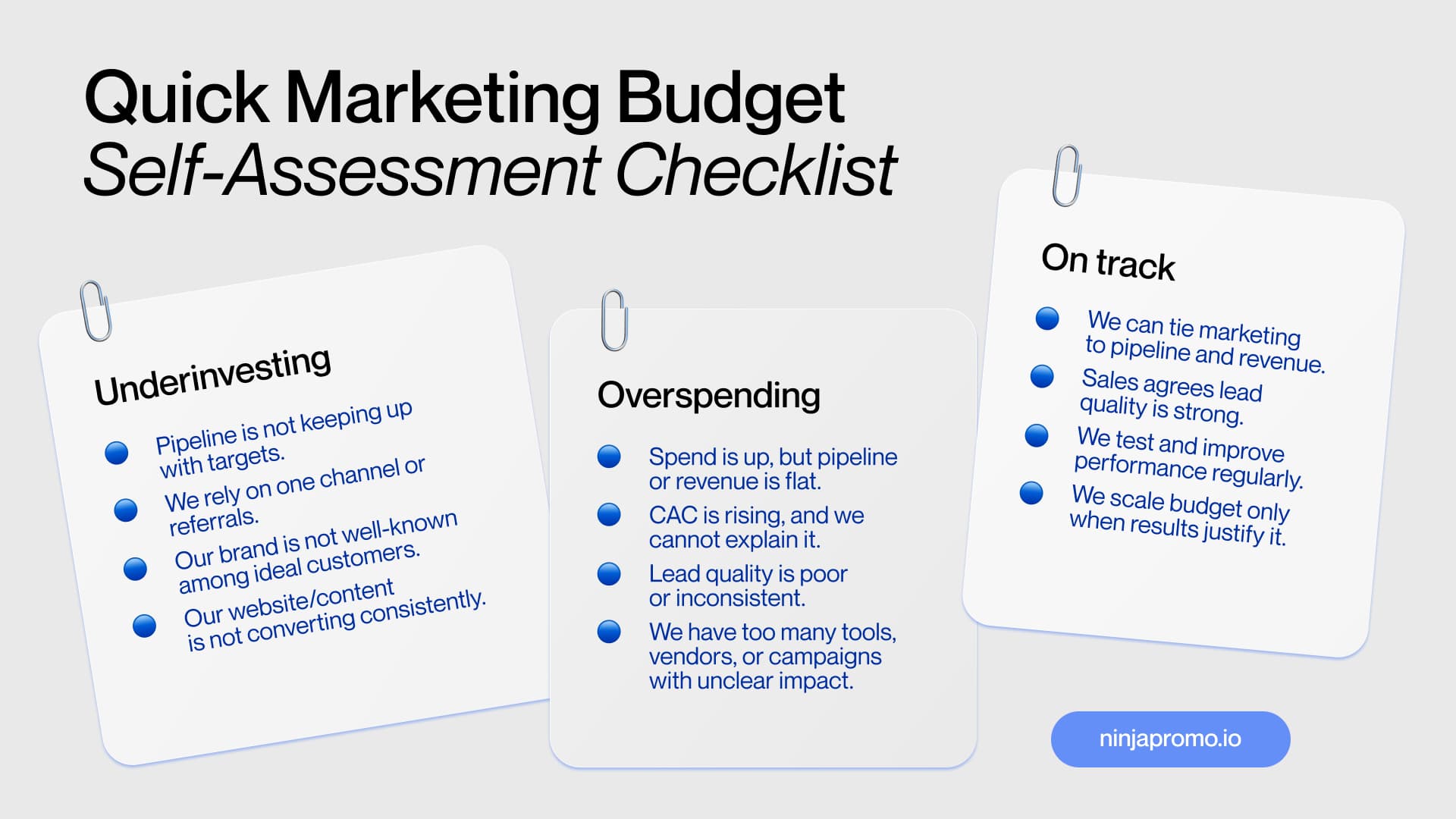 Quick marketing budget self-assessment checklist showing signs of underinvesting, overspending, and on-track marketing spend