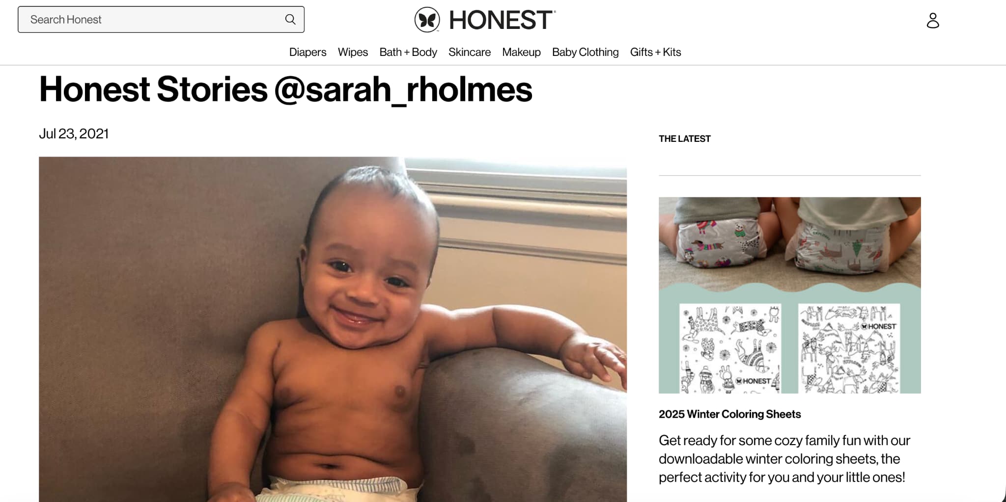 Retail E-E-A-T example showing customer-generated content with a baby photo featured on a brand website