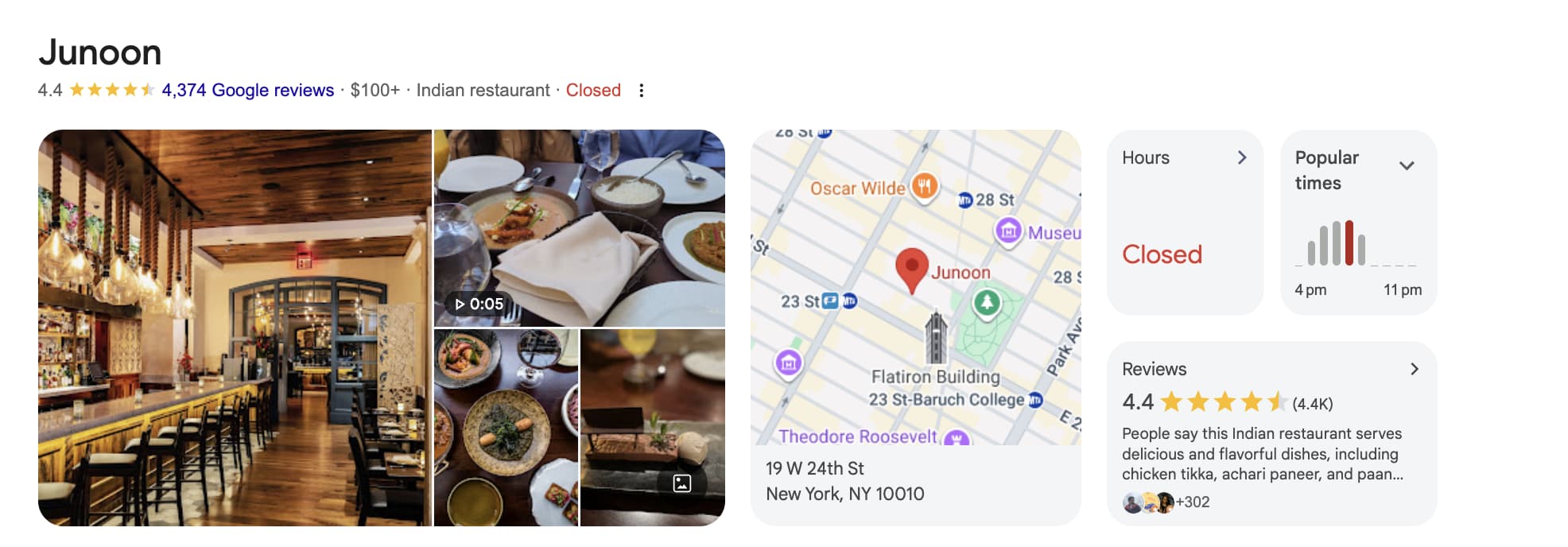 Google Business Profile listing example for a local restaurant with reviews, hours, map, and business details