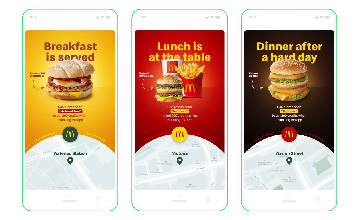 Geo-targeted mobile ads showing location-based breakfast, lunch, and dinner offers for nearby restaurant audiences