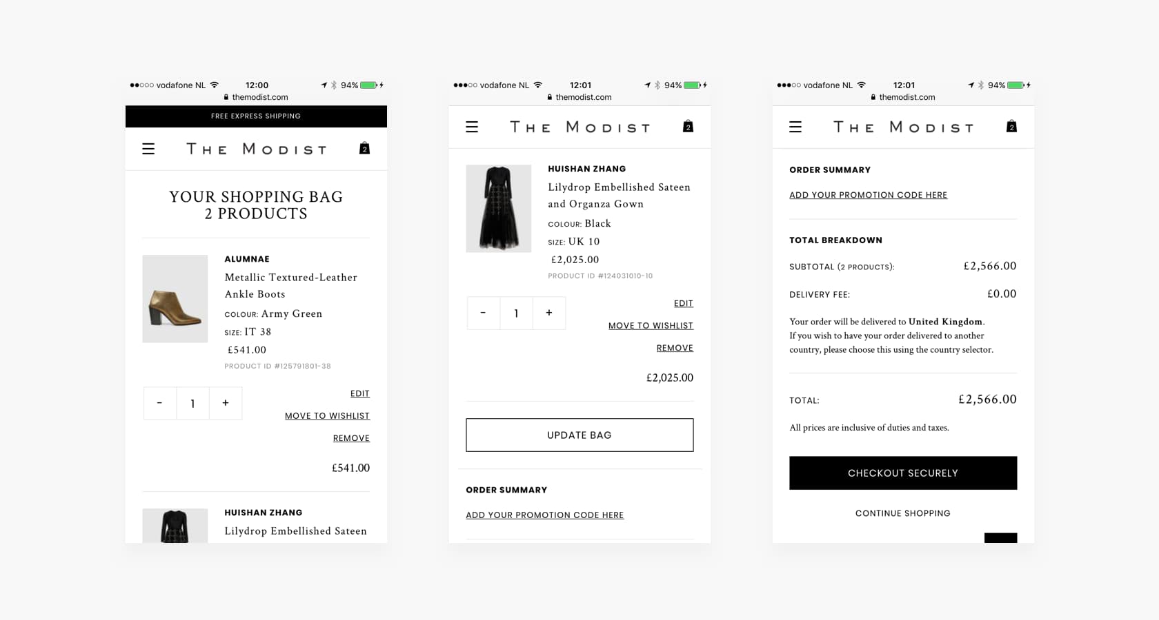 Mobile ecommerce shopping bag and checkout screens showing retail UX optimization for conversions and usability