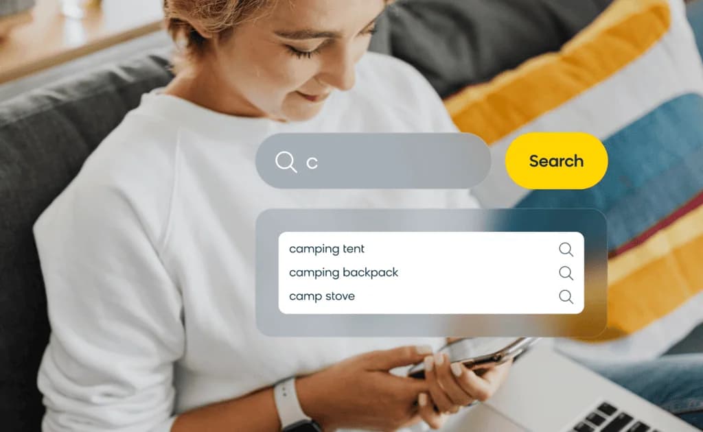 Shopper using on-site search with autocomplete suggestions to discover products on a retail website