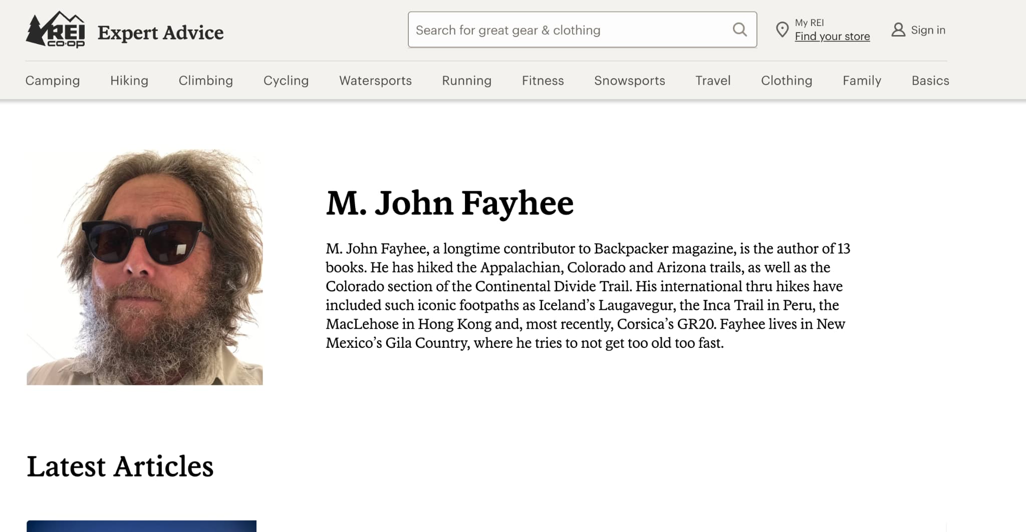 REI Expert Advice author profile page for M. John Fayhee demonstrating expertise and author credibility
