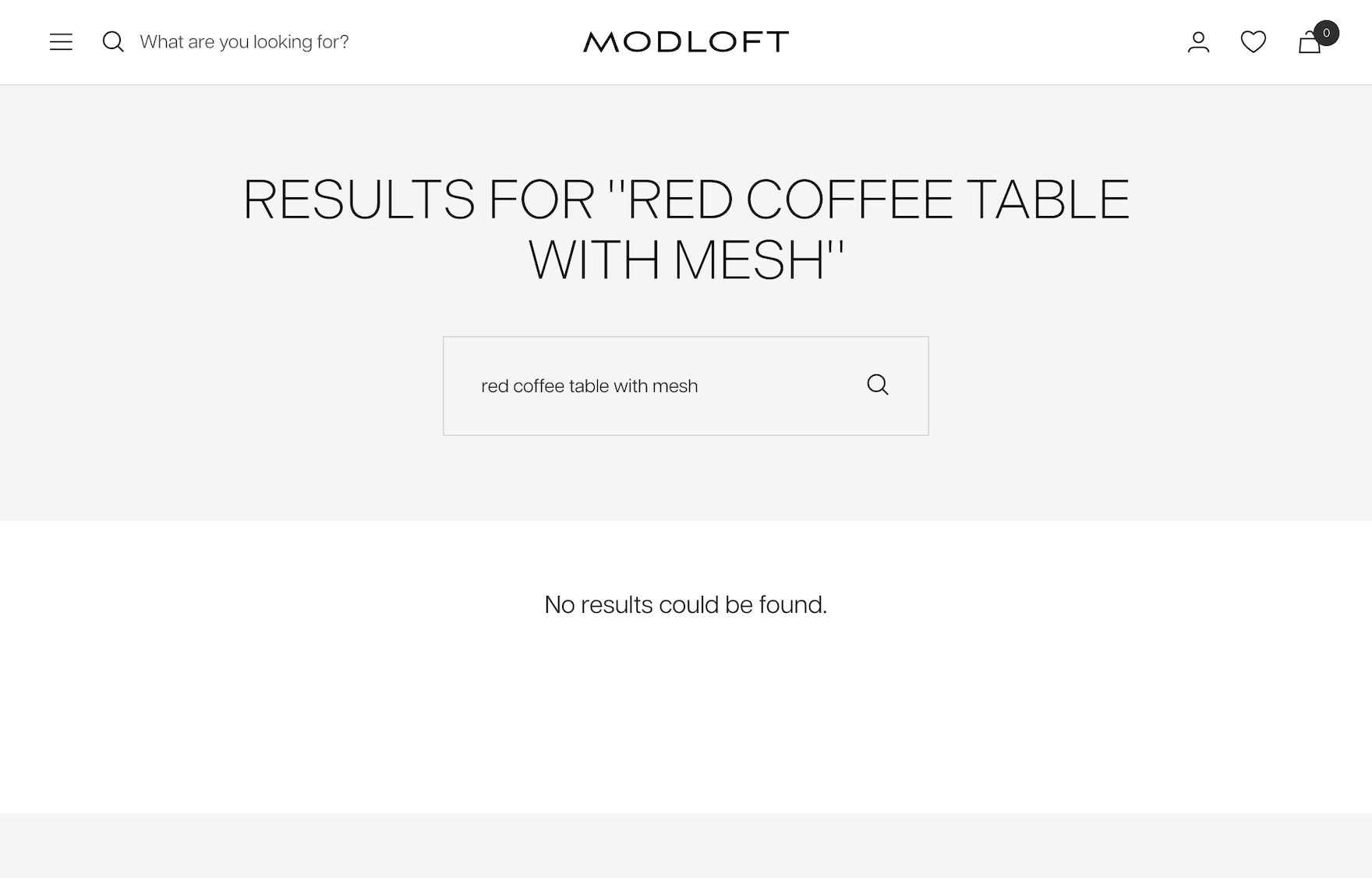 Retail website no-results search page showing an empty search result for a product query