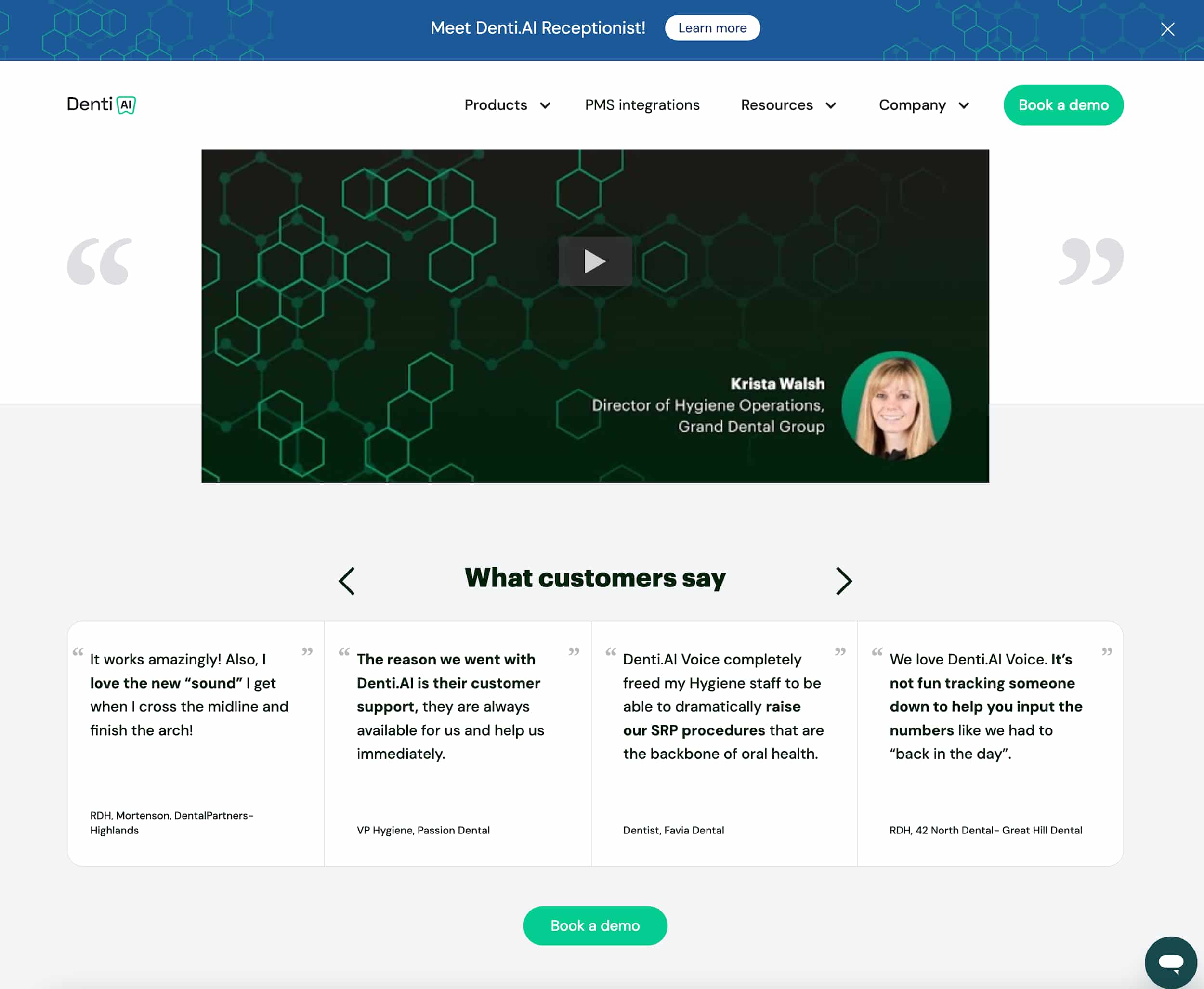 B2B dental software website with customer testimonials, video review, and call-to-action section designed to build trust and support conversions