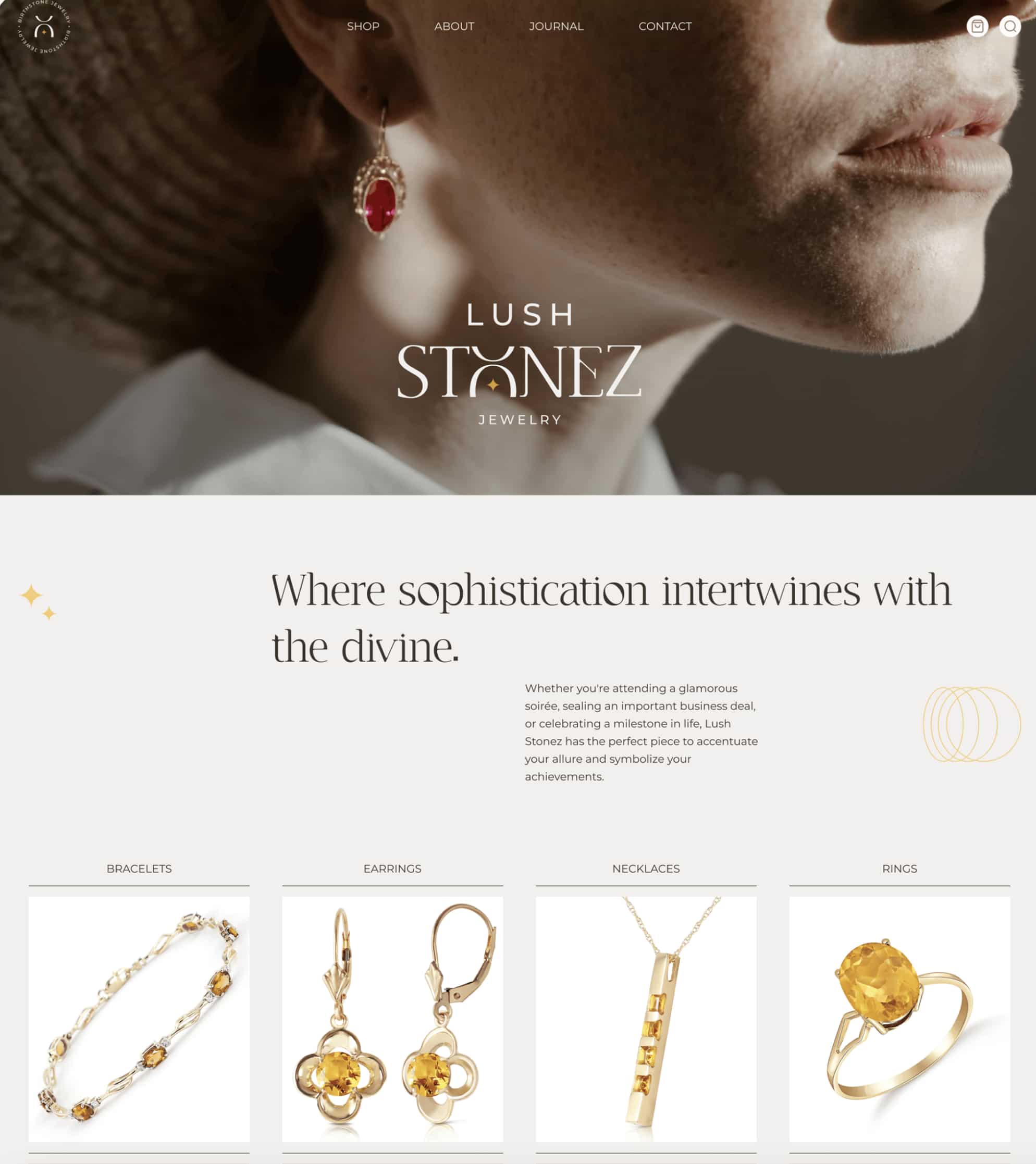 Luxury jewelry website homepage featuring elegant product photography, gold earrings, bracelets, necklaces, and rings for premium online shopping
